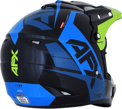 Blue and lime AFX FX-17 helmet in XL size featuring aerodynamic design and clear visor, made by Bill's Exhausts.