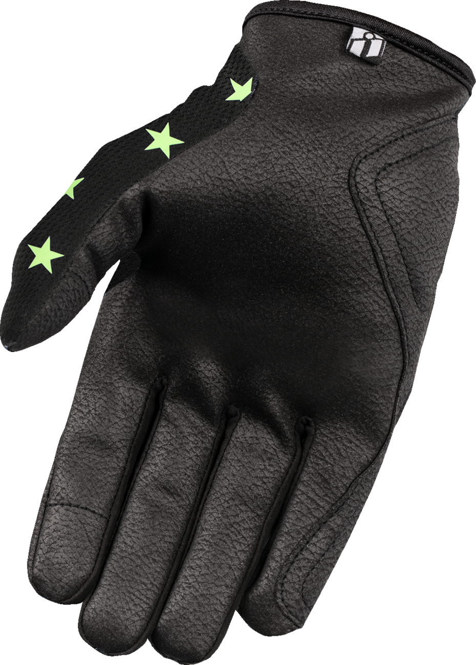 Bill's Exhausts ICON Hooligan Old Glory Glow Gloves XL with vibrant red, white, and blue design, showcasing a sporty glove style.