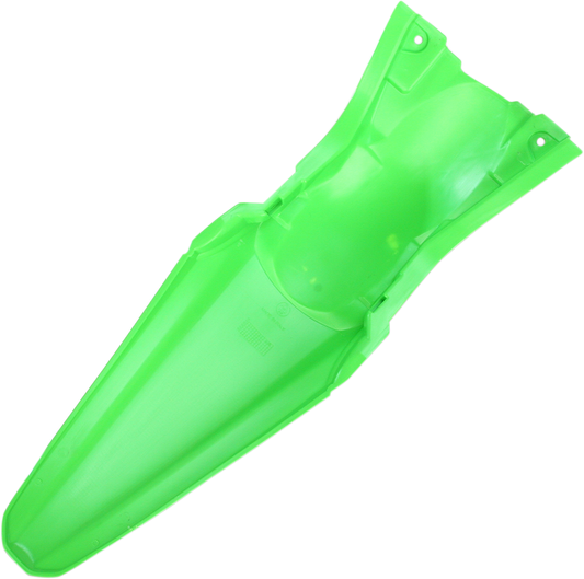 Green Acerbis rear fender for bikes, mounted on the body, with visible mounting points and a sleek, curved design.