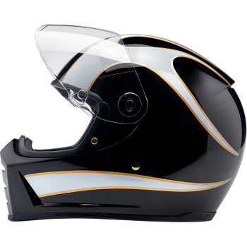 Bill's Exhausts BILTWELL Lane Splitter helmet in gloss black with white flame design, XS size, motorcycle helmet with vented safety features.