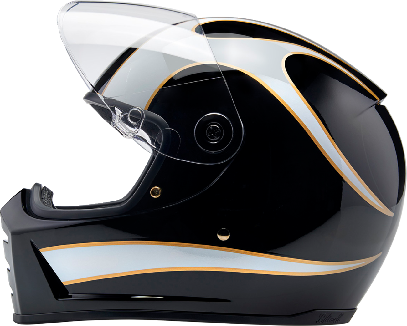 Bill's Exhausts BILTWell Lane Splitter helmet in gloss black with white flame design, medium size, motorcycle helmet.