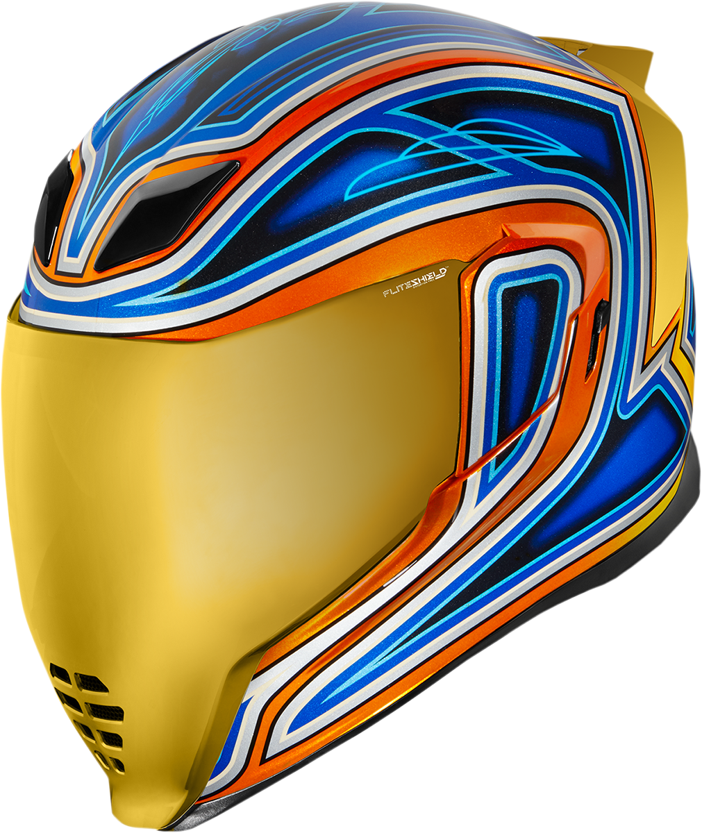 Blue ICON Airflite™ helmet in medium size with sleek aerodynamic design, featuring clear visor and ventilation vents.