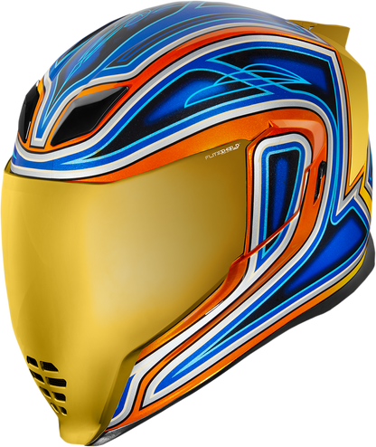Blue ICON Airflite™ helmet in medium size with sleek aerodynamic design, featuring clear visor and ventilation vents.
