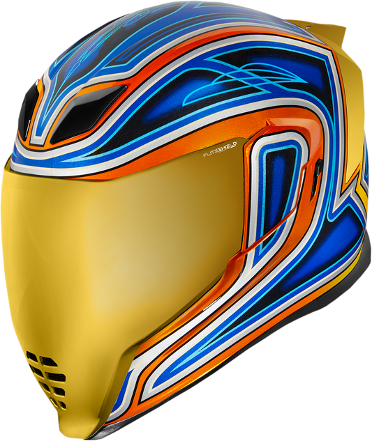 Blue ICON Airflite™ helmet in medium size with sleek aerodynamic design, featuring clear visor and ventilation vents.