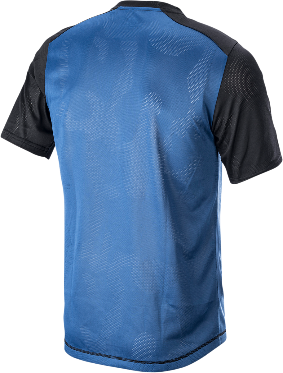 Alpinestars Alps 4.0 V2 short-sleeve motorcycle jersey in blue, black, and silver, size XL, with breathable fabric and sporty design.
