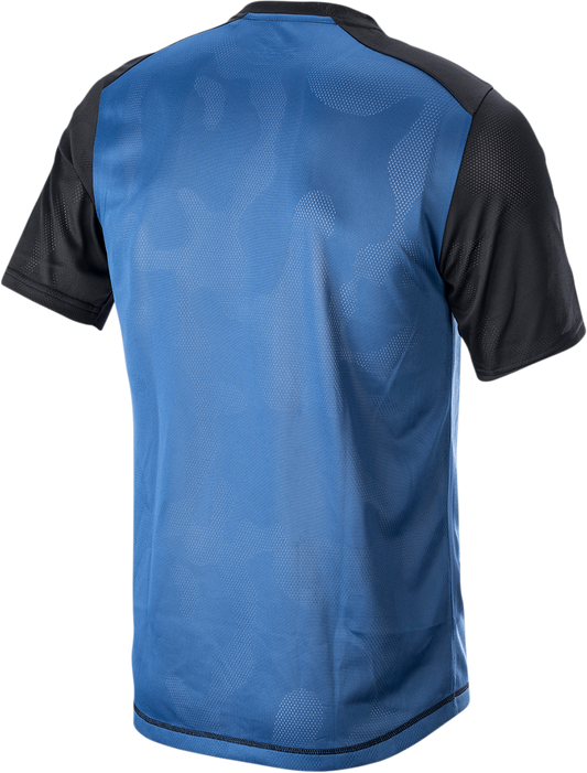 Alpinestars Alps 4.0 V2 short-sleeve motorcycle jersey in blue, black, and silver, size medium, featuring sleek design and branding.