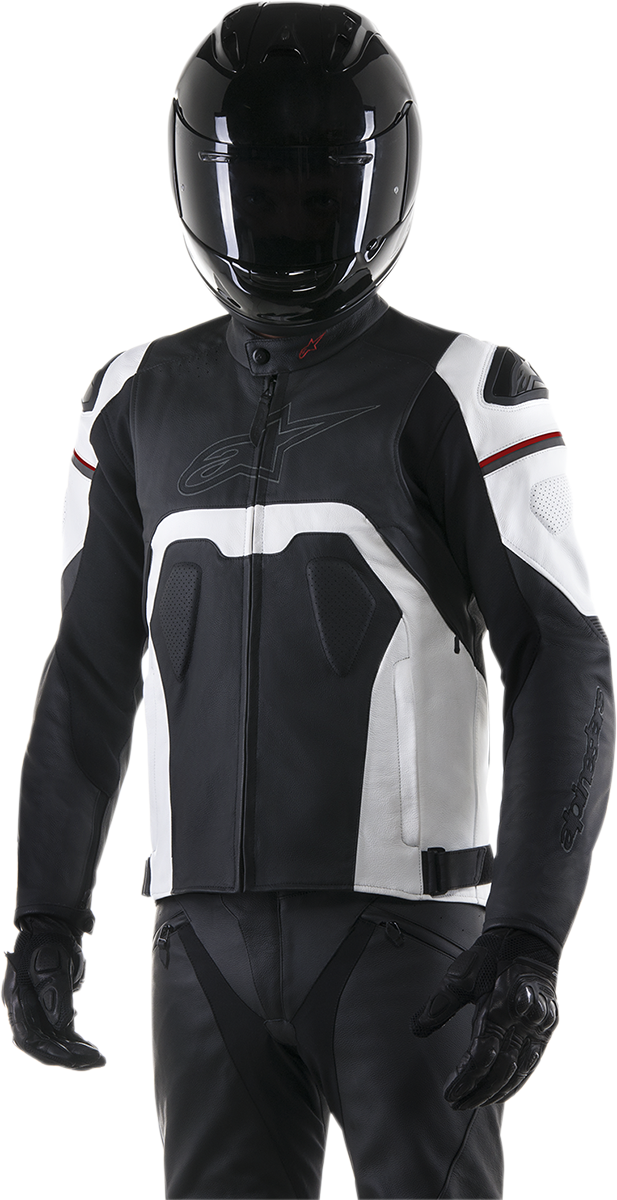 Black and white ALPINESTARS Core leather jacket with zip closures, displayed on a hanger, US 40 / EU 50 size.
