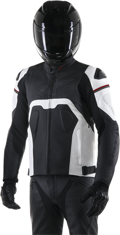 Black and white ALPINESTARS Core leather jacket with zip closures, displayed on a hanger, US 40 / EU 50 size.