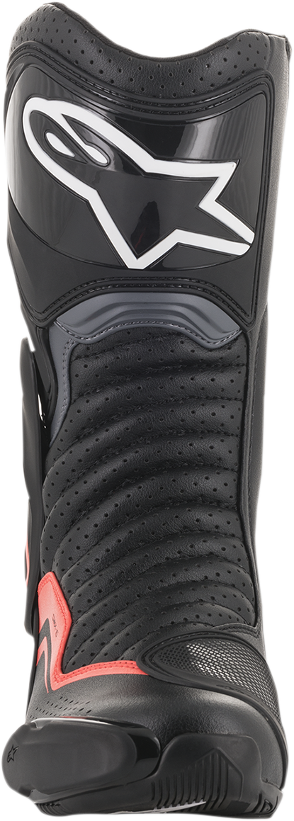 Alpinestars SMX-6 v2 vented motorcycle boots in black, gray, and red, US 7.5 / EU 41, showing side view with ventilation details.