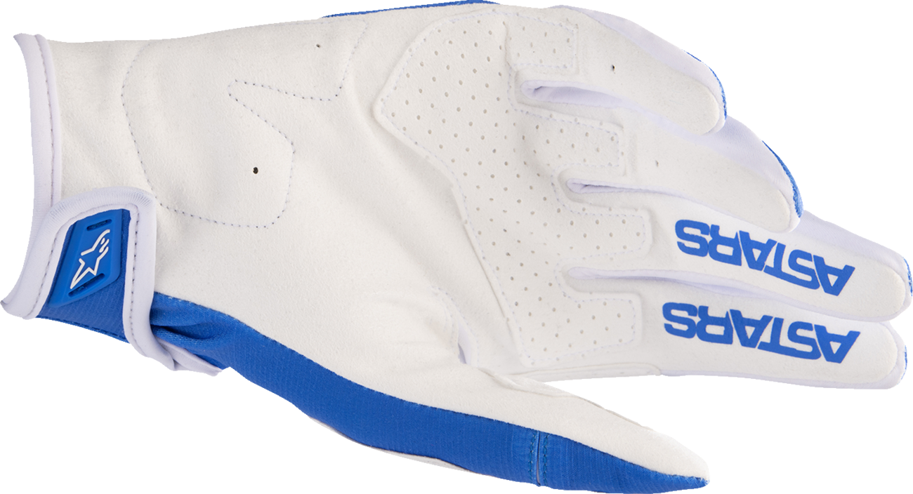 Alpinestars Techstar motorcycle gloves in UCLA Blue and Rushed Gold, small size, with protective design and sporty look.