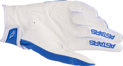 Alpinestars Techstar motorcycle gloves in UCLA Blue and Rushed Gold, small size, with protective design and sporty look.