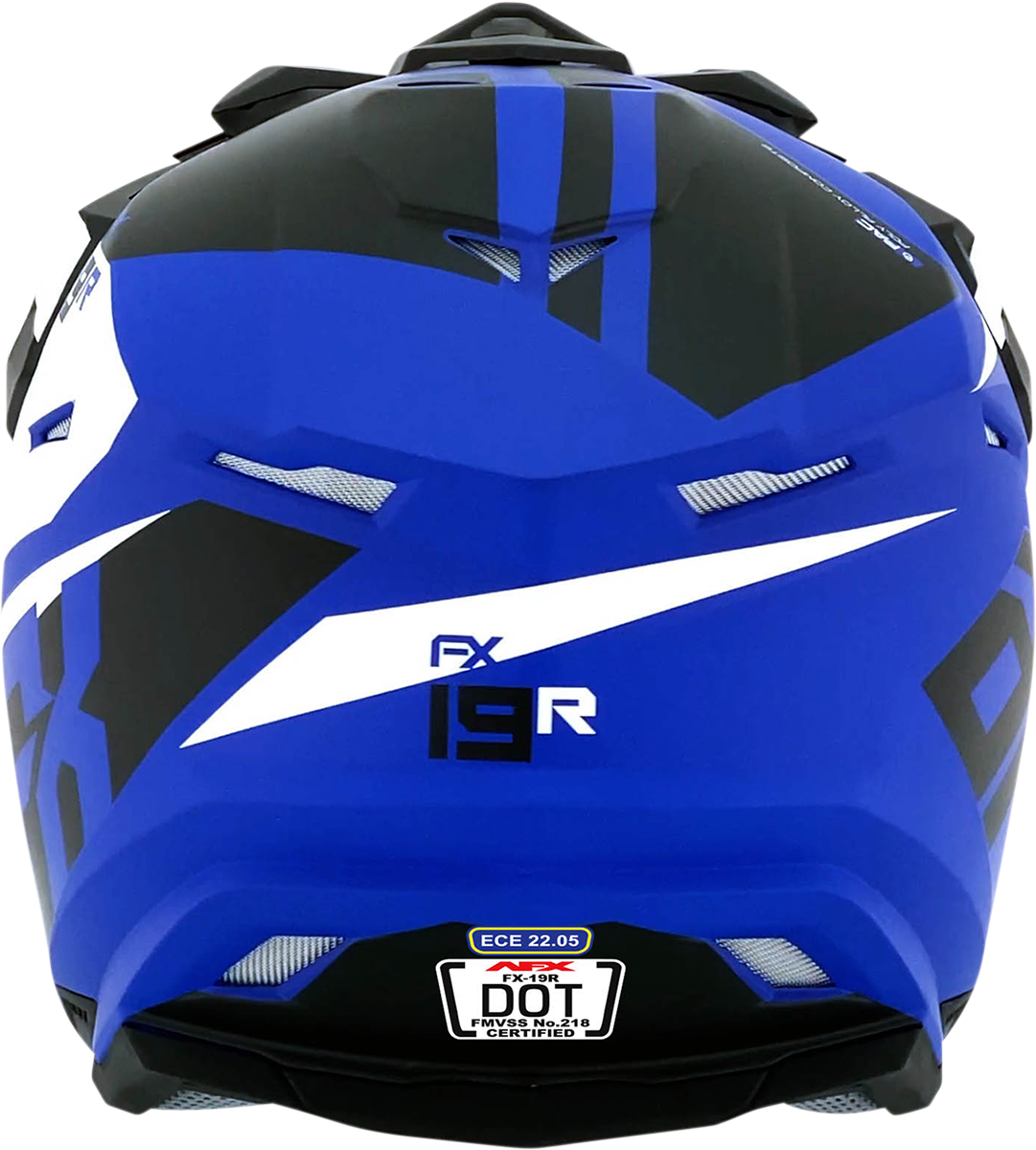 Matte blue AFX FX-19R racing helmet, medium size, with aerodynamic design and racing graphics, designed for motorsport safety.