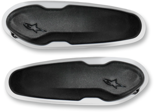 Alpinestars SMX Plus toe sliders in white and black designed for motorcycle boots, showcasing the product on a clean background.