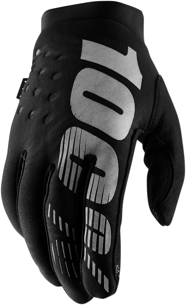 Black and gray 100% Brisker gloves in 2XL size, made by Bill's Exhausts, shown with a close-up view of the textured fabric.
