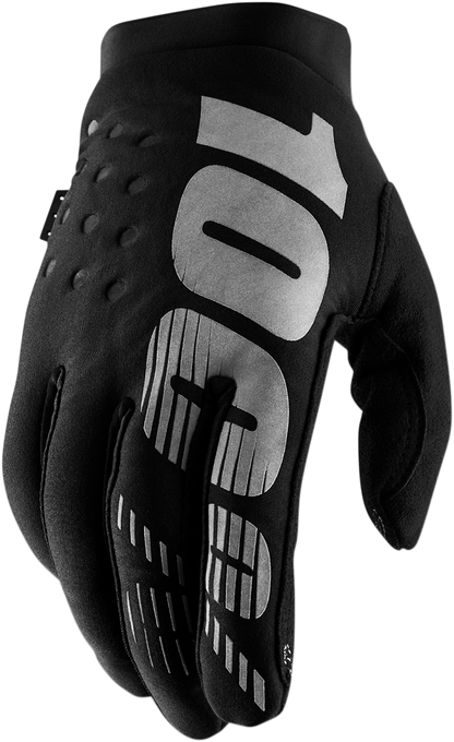 Black and gray 100% Brisker gloves by Bill's Exhausts, small size, showing the textured fabric and snug fit.