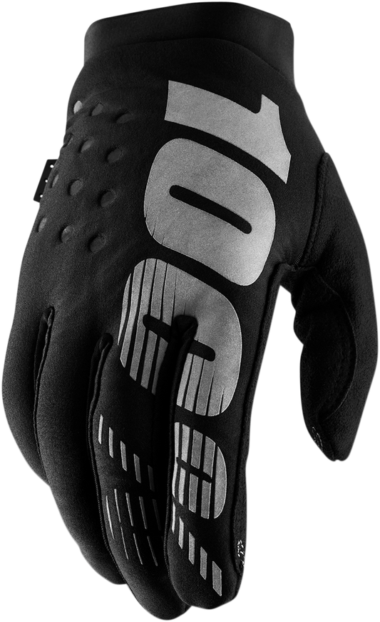 Black and gray 100% Brisker gloves by Bill's Exhausts, small size, showing the textured fabric and snug fit.