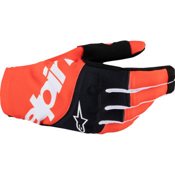 Alpinestars Techstar MX gloves in black and hot orange with 2XL size, featuring protective design for motocross riding.