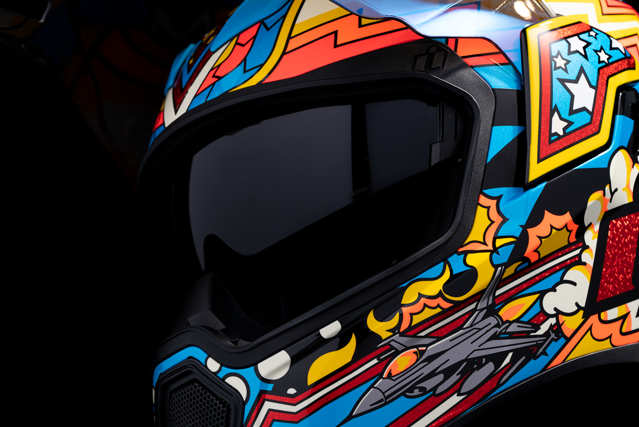 Blue ICON Airflite™ Flyboy helmet in 3XL size with bold graphic design, featuring aerodynamic helmet with visor and ventilation.