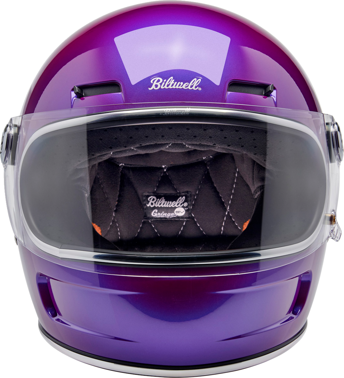 BILTWELL Gringo SV helmet in metallic grape finish, 2XL size, featuring a smooth glossy surface and secure strap closure.