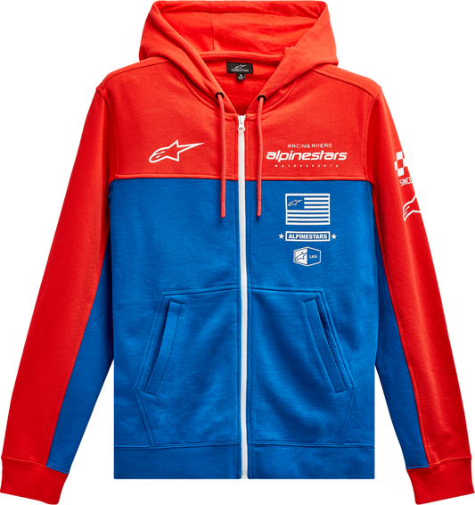 Alpinestars H Block Hoodie in warm red and bright blue, large size, featuring a stylish hood and graphic design.