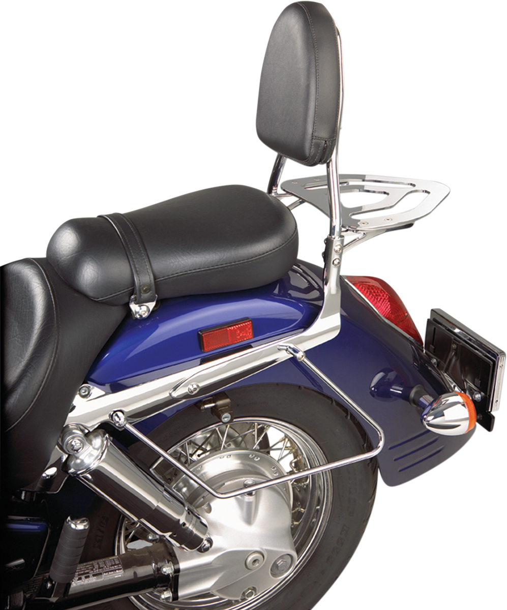 Chrome sissy bar kit for motorcycle engine from Bill's Exhausts, featuring sleek chrome finish and mounting hardware.