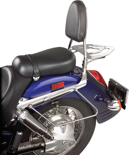 Chrome sissy bar kit for motorcycle engine from Bill's Exhausts, featuring sleek chrome finish and mounting hardware.