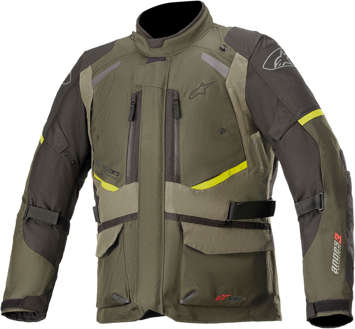 Alpinestars Andes v3 Drystar® jacket in green, 4XL size, featuring durable motorcycle gear with protective details.