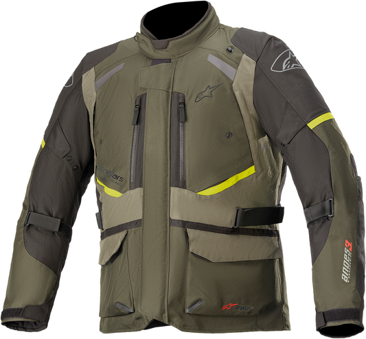 Alpinestars Andes v3 Drystar® motorcycle jacket in green, medium size, with protective design and durable fabric.