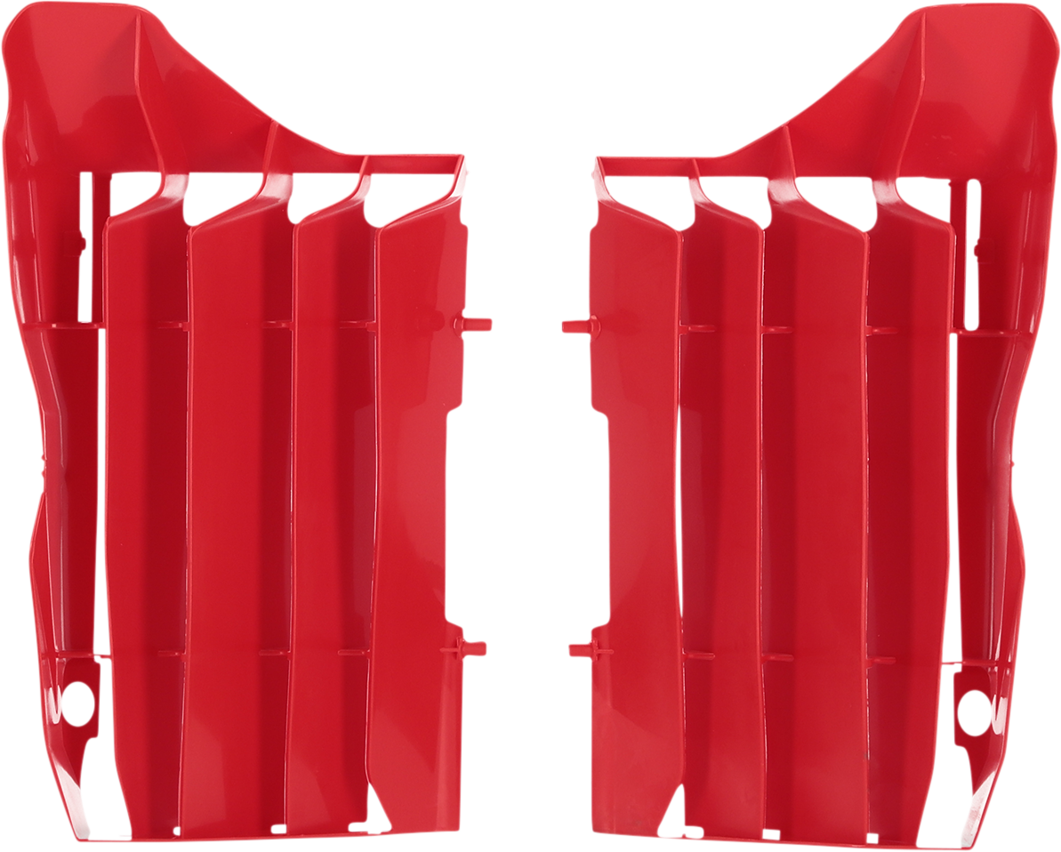 Red ACERBIS radiator louvers for Honda motorcycles, body part with vented design, branded by Bill's Exhausts.