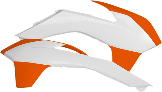 Acerbis radiator shrouds in white and orange for motorcycle, featuring sleek body design and vibrant color accents.