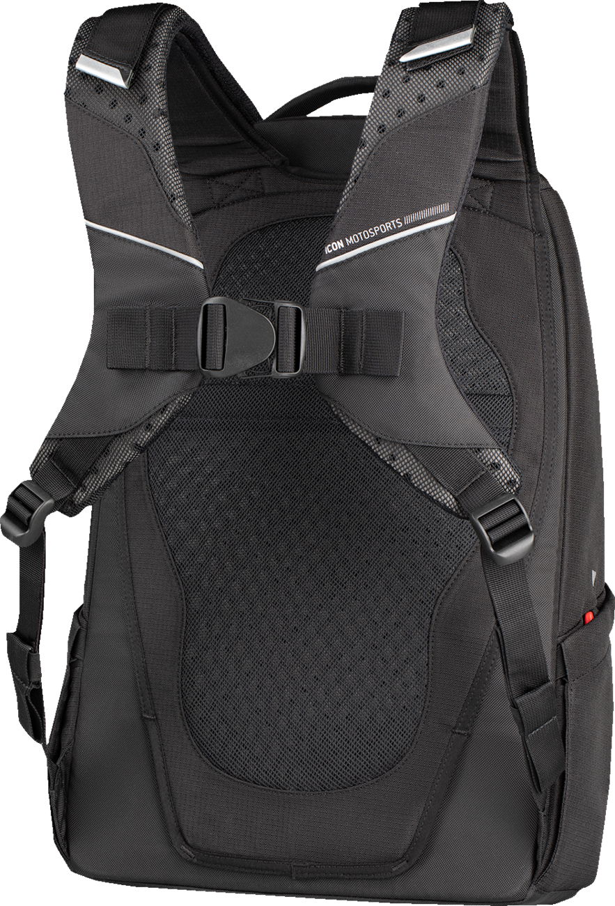 Black ICON Airflite backpack with multiple compartments and padded shoulder straps, designed by Bill's Exhausts.