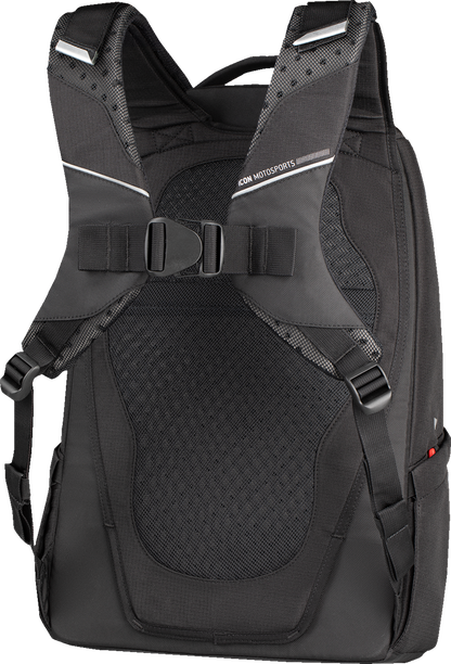 Black ICON Airflite backpack with multiple compartments and padded shoulder straps, designed by Bill's Exhausts.