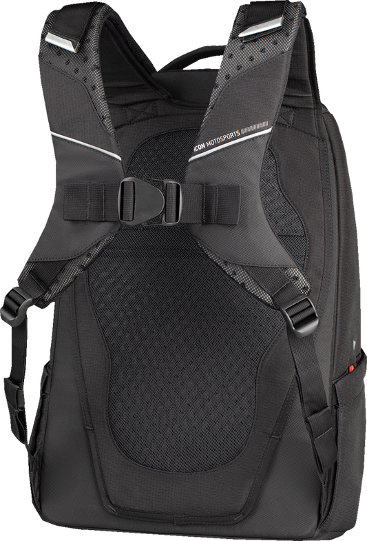 Black ICON Airflite backpack with multiple compartments and padded shoulder straps, designed by Bill's Exhausts.