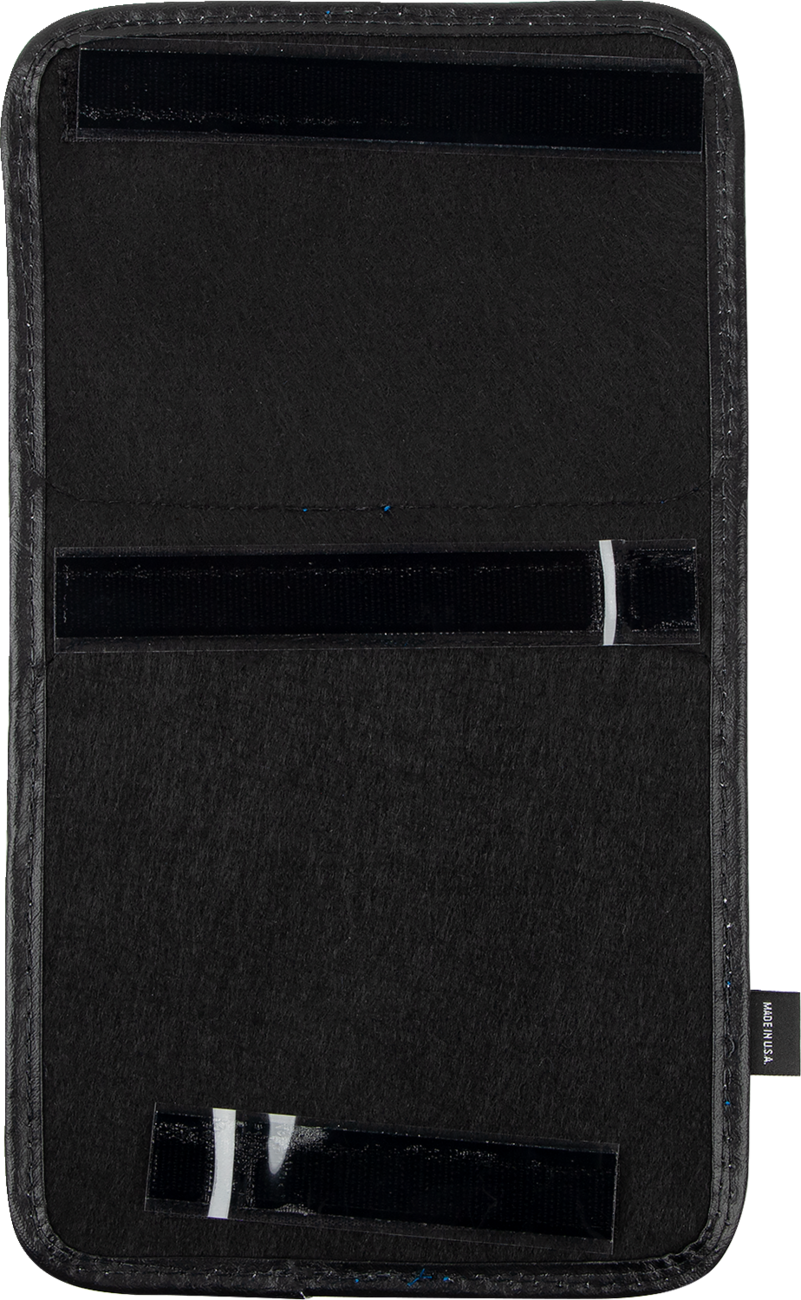 Bill's Exhausts SHOW CHROME Kaliber Dash Pouch engine accessory in black with blue zipper for motorcycle dashboards.