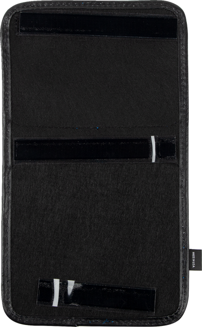 Bill's Exhausts SHOW CHROME Kaliber Dash Pouch engine accessory in black with blue zipper for motorcycle dashboards.