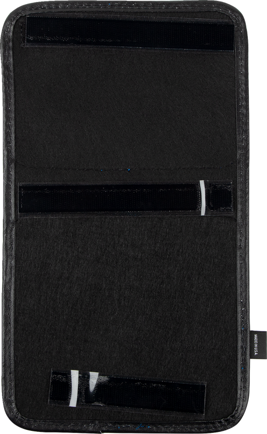 Bill's Exhausts SHOW CHROME Kaliber Dash Pouch engine accessory in black with blue zipper for motorcycle dashboards.