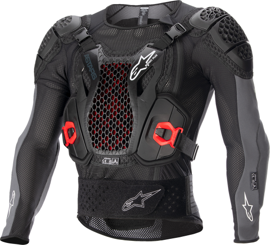 Alpinestars Bionic Plus v2 protective jacket in black, anthracite, and red, featuring bionic armor and adjustable straps.