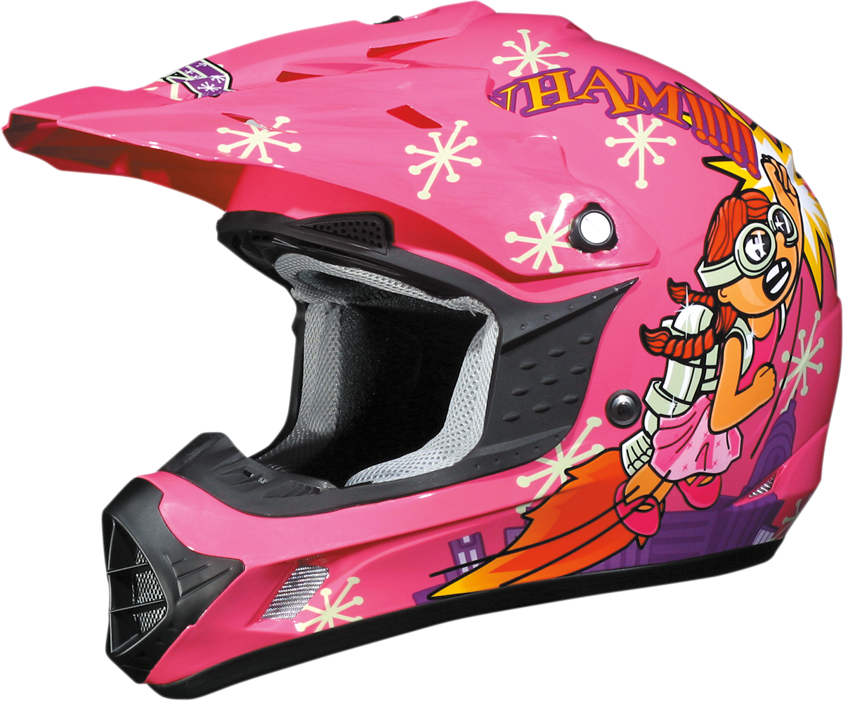 Bill's Exhausts AFX FX-17Y Rocket Girl helmet in medium size featuring a colorful, graphic motorcycle helmet design.