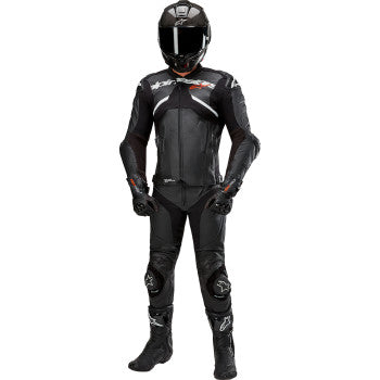 Black Alpinestars Atem v5 leather motorcycle jacket with armor details, US 40 / EU 50, shown from the front.