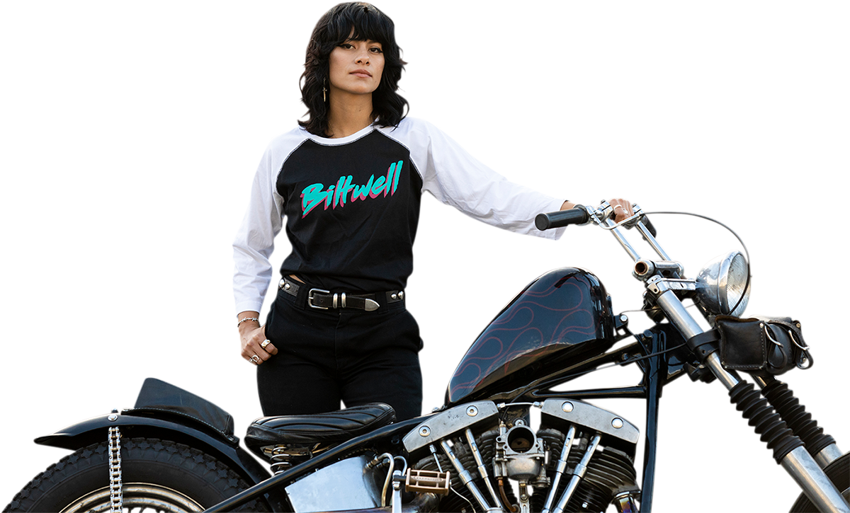 Black and white BILTWELL Women's 1985 Raglan T-Shirt in medium, featuring classic raglan sleeve design and the Bill's Exhausts logo.