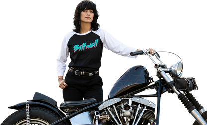 Black and white BILTWELL Women's 1985 Raglan T-Shirt in medium, featuring classic raglan sleeve design and the Bill's Exhausts logo.