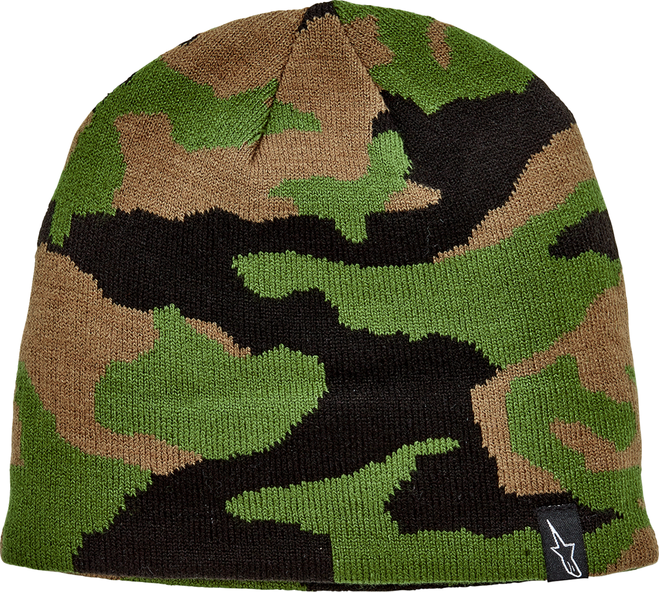 Camouflage Alpinstars Sentinel beanie, one size, made of soft knit material, displayed on a neutral background.