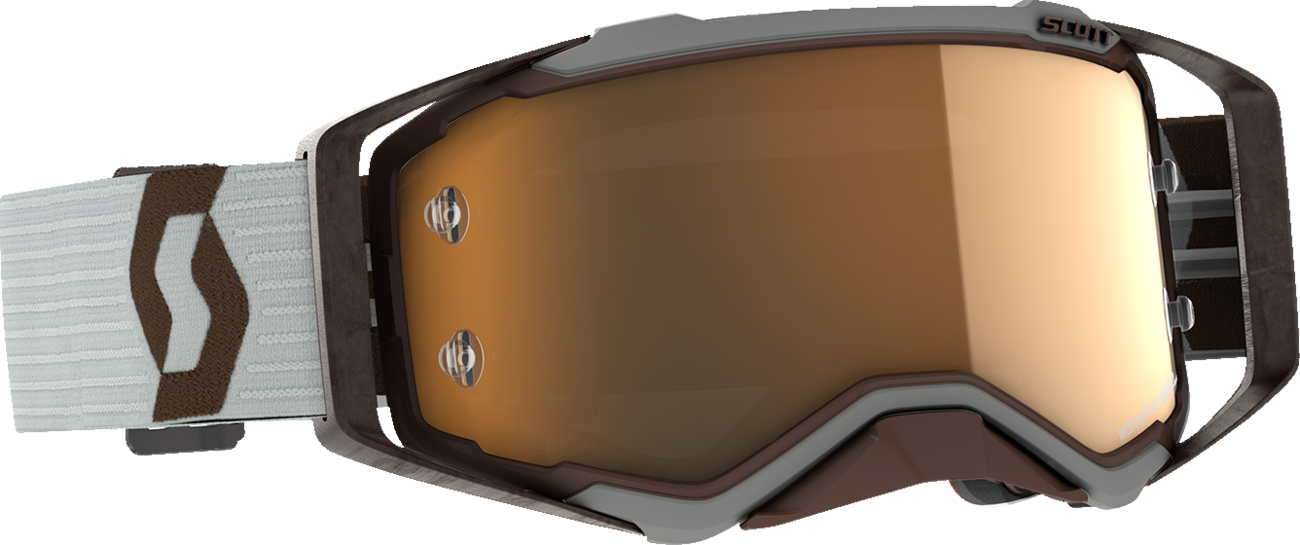 Scott Prospect Amplifier Goggles in gray and brown with gold chrome accents, designed for motorcycle engine protection.