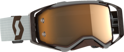 Scott Prospect Amplifier Goggles in gray and brown with gold chrome accents, designed for motorcycle engine protection.
