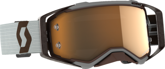 Scott Prospect Amplifier Goggles in gray and brown with gold chrome accents, designed for motorcycle engine protection.