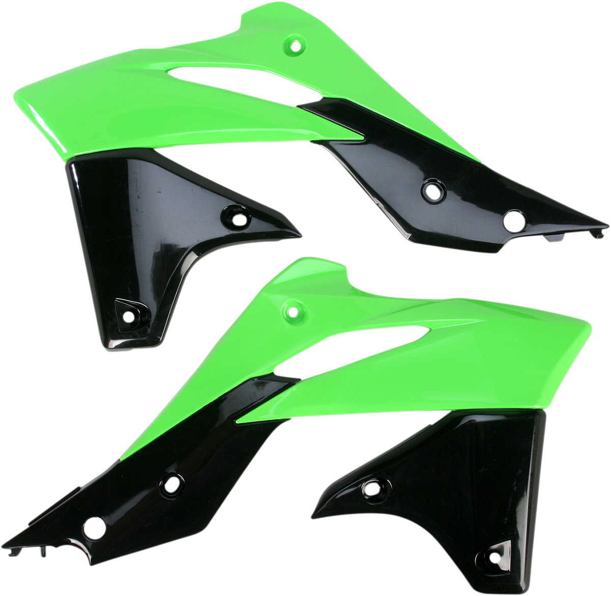 Acerbis radiator shrouds in green and black for motorcycle body protection, designed for durability and style.