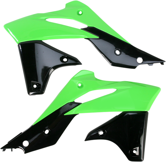 Acerbis radiator shrouds in green and black for motorcycle body protection, designed for durability and style.