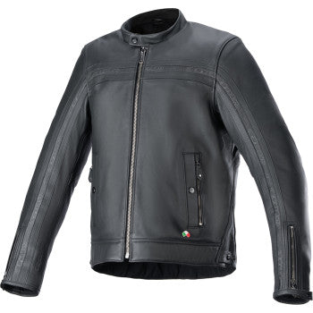 Black Alpinestars Dyno leather motorcycle jacket with protective details, shown in small size, featuring a sleek design.