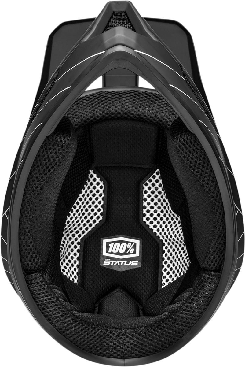 Black 100% Status bicycle helmet in large size with sleek design, featuring adjustable straps and ventilation for safety and comfort.