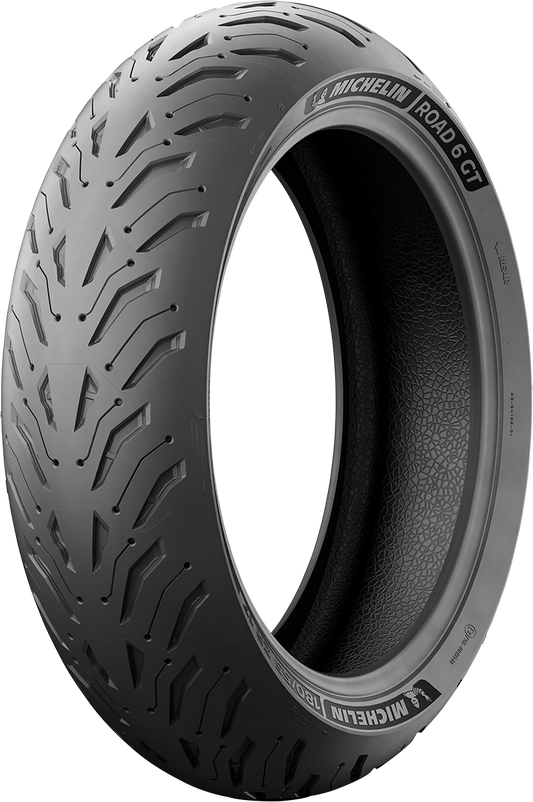 Michelin Road 6 GT rear motorcycle tire 190/55ZR17 with 75W load index, featuring tread pattern and sidewall branding.